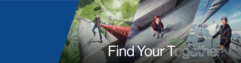 Collage technischer Outdoor- und Werkhallent&auml;tigkeiten mit dem Slogan &sbquo;Find Your Together&lsquo;