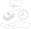 Duale Mitarbeiterbeteiligung Icon von einer Hand mit GeldUhr und Herzsymbol
